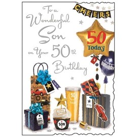 Cards Galore Online Son 50th Birthday Card Balloons and Presents Embossed Silver Foil 9x6.25