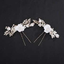 Teyglen Flower Bridal Hair Pins Crystal Pearl Bride Wedding Hair Accessories Floral Flower Rhinestone Hair Piece Decorative White Flower Hair Pins for Women (Gold)