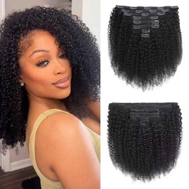 Afro Kinky Curly Clip Ins Human Hair 4C Hair Clip in Extensions Real Natural Human Hair for Black Women 8 pecs with 20 Clips 120g Natural Black Color 14 Inch