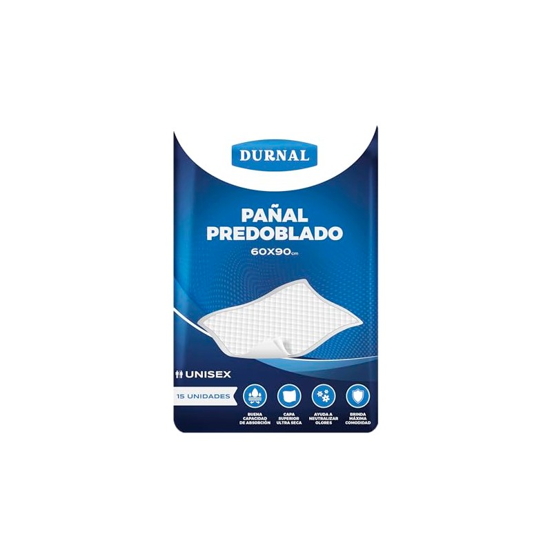 Pañal Predoblado para Incontinencia Durnal, Unisex, Blanco, 60x90 cm, 15