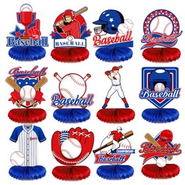 Longwu Baseball Birthday Party Decorations,12 Pieces Baseball Honeycomb Centerpieces Baseball Table Decoration Toppers for Kids Boys Softball Baseball Blue and Red Birthday Baby Shower Party Supplies