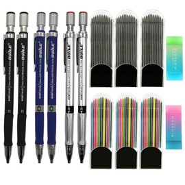 HiBD Mechanical Pencil 2 mm, 6 Pieces with 72 Pieces Additional Lead Leads (36 Colourful and 36 Black) and 2 Erasers for Art Sketching, Carpenters, Drafts, Drawings, Crafts
