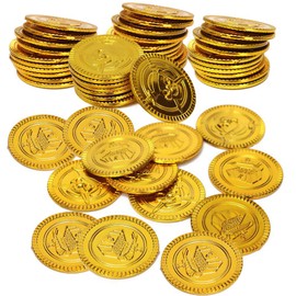 Pack of 50 Plastic Gold Coins, Pirate Treasure Play Coins, Toy Coins for Children, Pirate Treasure Hunt, Play Coin for Children, Games, Birthday Decoration and Party Supplies