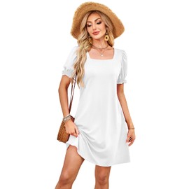 RUMIA Summer Dresses for Women 2025 Casual Cute Square Neck Puff Short Sleeve Dress with Pockets (White 3XL)