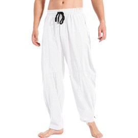 AITFINEISM Mens Cotton Linen Pants Elastic Drawstring Waist Lightweight Summer Beach Pants (32-34, White)