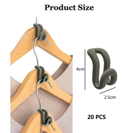 Kireida Pack of 20 Clothes Hanger Connecting Hooks, Non-Slip Velvet Coating, Flocked Hanger Extension Hooks, Compliment Your Velvet Hangers, Space Saving - Grey