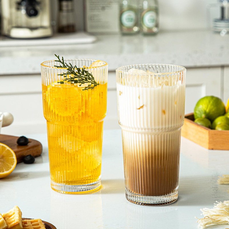 Sunidearly Ribbed Glass Tumbler Set of 4-20oz Textured Drinking Glasses
