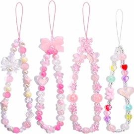 4 PCS Cute Phone Charms,Beaded Phone Lanyard Wrist Strap for Cell Phone Key Camera,Idea Gift for Girl Women (Pink)