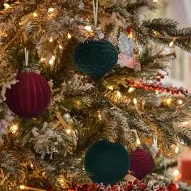 KI Store Velvet Christmas Balls Green 25pcs Flocked Christmas Tree Ornaments Assortment for Xmas Tree Holiday Decor