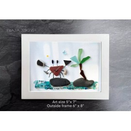 NEW 5” x 7” Framed Handmade Sea Ocean Beach Glass Pebbles, Ceramic Crab Driftwoo