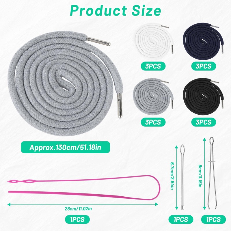 12PCS Drawstring Cord Replacement​, Black/White/Grey/Deep Blue,1.3m /4.27ft