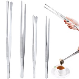 4 PCS Kitchen Fine Tweezer Set, 2 PCS Round & 2PCS Straight Serrated Tips Tongs Tweezer, 25CM & 30CM Cooking Tweezers, Stainless Steel Food Tweezers for Sea Food BBQ Medical Beauty Repairing (4Sivery)