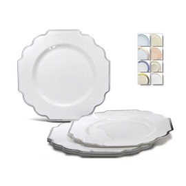 " OCCASIONS " 120 Plates Pack, Heavyweight Disposable Wedding Party Plastic Plates (10.5'' Dinner Plate , Imperial in White & Silver)