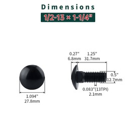 1/2-13 x 1-1/4" Black Carriage Bolts with Nuts and Washers Kits (8 Sets), 304 Stainless Steel 18/8, Black Finish, Round Head, Square Neck, Heavy Duty Bolts, Indoor Outdoor Fastening Bolts, Fayeploo