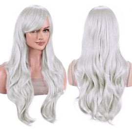 IMISSU 70 cm Long Hair Water Wavy Wigs with Fringe Cosplay Costume Wig (Silver White)