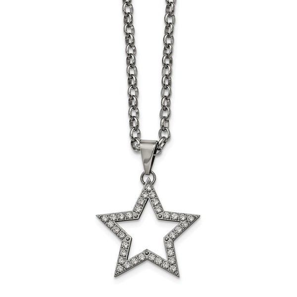 Solid Stainless Steel Round CZ Cubic Zirconia Star Pendant Necklace