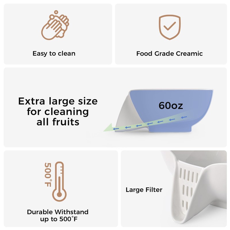 DIZADA Multifunctional Ceramic Drain Basket with Integrated Drain Spout, Colander