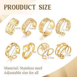 XSDSLS 8 Pcs Gold Rings Set for Women Stainless Steel Ring Knuckle Ring Adjustable Open Ring Vintage Ring Chunky Ring Thumb Ring Finger Ring Valentine Birthday Gift for Women (Set 2)