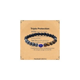 Triple Protection Bracelet for Men Evil Eye Bracelet with Black Tourmaline Hematite Tiger Eye 8mm Beaded Mens Bracelet Spiritual Gifts for Him Boyfriend Brother Husband Christmas Birthday (Style 2)