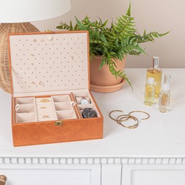 Household Essentials Vegan Leather 2-Layer Jewelry Organizer Box with Clasp Closure, Caramel Color