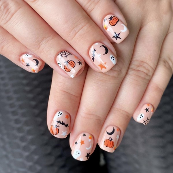 Halloween Press on Nails Short Square Fake Nails Press ons