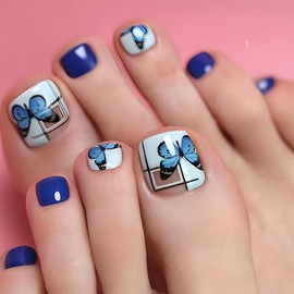 Blue Butterfly Press on Toenails for Women Short Square Artificial Toenails Glossy Acrylic Fake Toe Nails Full Cover False Toe Nails