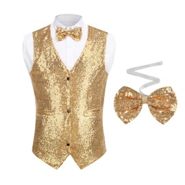 GRAJTCIN Sequin Gold Suit Vest for Men - Formal Leisure V Neck Shiny Waistcoat Prom Rave Disco Vest and Gold Tie Sets XXL