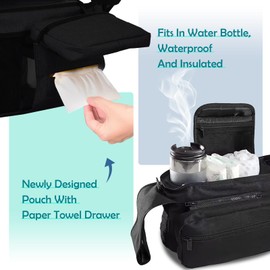 Organizador para Carriola de Bebé con Soporte para Pañuelos, Accesorios Universales con 2 Portavasos, Bolsa Desmontable, Correa Ajustable y Almacenamiento para Biberones y Juguetes (Negro)