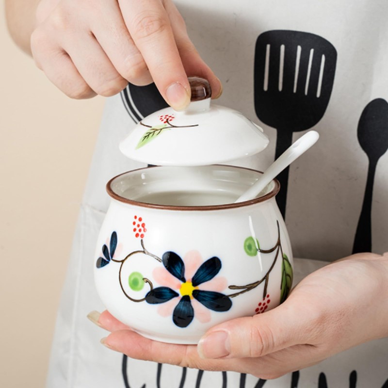 Mosuji Porcelain Sugar Bowls with Lids and Spoons,Ceramic Spice Jars