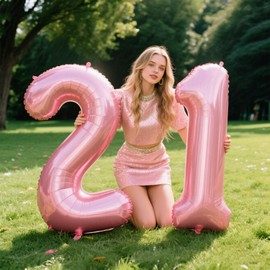 40 Inch Pearlescent Pink Number 21 Balloon Number 21 Balloon 40 Inch, 21th Birthday Party Decorations for Boy or Girl Huge Mylar Anniversary Party Supplies