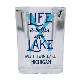 R and R Imports West Twin Lake Michigan Souvenir 2 Ounce Square Base Liquor Shot Glass Paddle Design