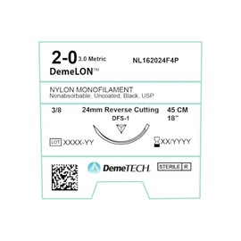 Sutura Nylon No Absorbible 2-0 con Aguja Reverso Cortante DemeTECH DemeLON 24 mm 3/8 Círculo, Hebra Monofilamento Negra de 45 cm, Estéril, Caja con 12