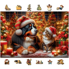 WOODEN.CITY 500 Piece Wooden Christmas Puzzle with 50 Unique Festive Figures - Christmas Dog and Cat - 39.4 x 26.6 cm, Made in EU