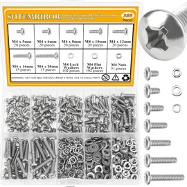 385 Pieces M4 Machine Screws Nuts Washers Set, Sutemribor M4 x 5/6/8/10/12/16/20mm Phillips Pan Head Machine Screws Nuts Washers Assortment Kit, 304 Stainless Steel, Fully Threaded