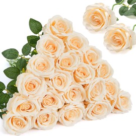 Alecono 𝟮𝟬𝙋𝙘𝙨 Fake Roses, 4in 𝘽𝙞𝙜 𝗩𝗲𝗹𝘃𝗲𝘁 Flower Head Champagne Roses Artificial Flowers with Stems for, Faux Roses for DIY Wedding centerpieces Home Party Decor