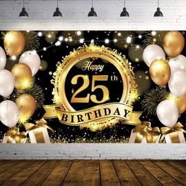 Happy 25th Birthday Decoration Backdrop Banner Black Gold Extra Large Fabric Birthday Sign Poster Photography Background 25 Year Birthday Party Decorations Supplies Indoor Outdoor, 72.8 x 43.3 Inch