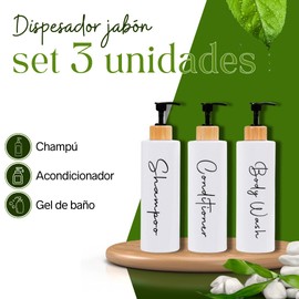 Set of 3 Hand Soap Dispensers, Hand Gel, Conditioner and Shampoo for Bathroom, 500 ml Each, Soap Dispenser Set, Bathroom Soap Dispensers with Bamboo Pump, White