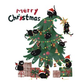 TOARTi Christmas Black Cat Sticker Merry Christmas Wall Decals Black Cat Christmas Trees Decal Xmas Holiday Decoration for Cat Lovers Gifts Christmas Party Supplies