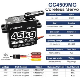 GOTECK 45KG Coreless Digital Servo,Large Torque 8.4V Full Metal Gear IP67 Waterproof Steering Servo with 25T Servo Horn for 1/6 1/8 1/10 RC Crawler Car,Robot,Boat,Truck Robot Parts (45KG(8.4V)-180°)