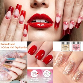 Dip Powder Nail Kit - Red and Gold 2 Colors Nail Dip Powder System French Nail Art Manicure Starter Kit with Base & Top Coat - No Nail Lamp Needed Nail Kit Christmas Gift for Women and Girls