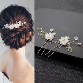 inSowni 26 Pack Gold Flower Pearl Wedding Bridal Hair Side Combs+U Shaped Hair Pins Clips Decorative Barrettes Rhinestone Crystal Accessories Headpieces for Women Girls Brides Bridesmaids
