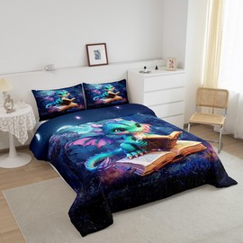 Cartoon Dragon Bedding Set Twin Size Magic Jungle Night Comforter Set for Girls Boys Teens Room Decor Cute Dragon Books Down Comforter Starry Moon Sky Quilt Set with 1 Pillowcase