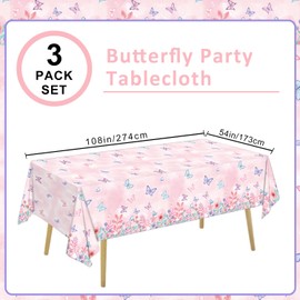 LINHAXM 3 Pack Butterfly Tablecloth Butterfly Disposable Plastic Table Covers Butterfly Birthday Decorations for Girls Kids Birthday Party, 108 x 54 Inch