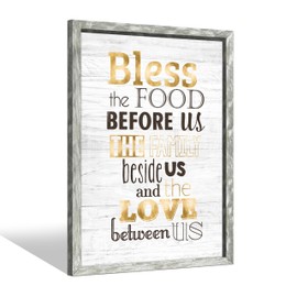 Kitchen Quotes Framed Wall Art: Rustic Inspirational Saying Painting Picture Bless the Food Before Us the Family Beside Us and the Love Between Us Print Artwork for Bedroom Dinning Room