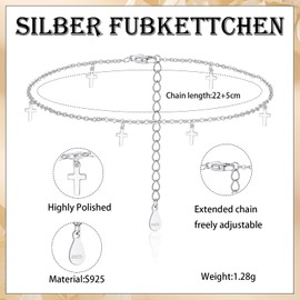 Estrellique 925 Sterling Silver Anklet for Women, Women's Anklet with Small Cross Pendant, Silver 925 Adjustable 22+5CM Chain Anklets Bracelet, Waterproof Barefoot Summer Beach Ankle Jewelry for Girls