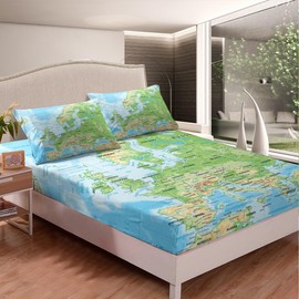 Erosebridal World Map Sheet Set Queen Size, Blue Ocean Bedding Set for Kids Boys Girls, Map of Various Countries Fitted Sheet Abstract Art Bed Sheet Teens Adult Dorm Decoration