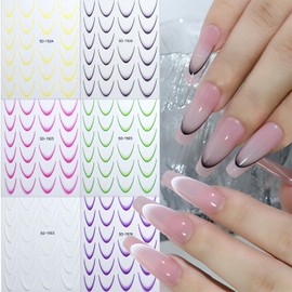 Gradient French Tip Nail Sticker for Nail Art 3D Colorful French Line Nail Decals Self-Adhesive French Strips Nail Design Stickers Curved Line Nail Tips Guides for Women Manicure Stencil Tool 6Pcs