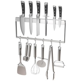 TIMIEEYA 16 Inch Magnetic Knife Holder for Wall Mount - Magnetic Knife Strips with 6 Hook, No Drilling Knife Magnetic Strip and Utensil Hanger for Wall Powerful Knife Magnet Rack