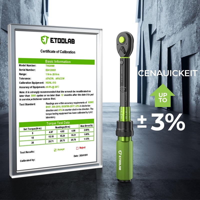 ETOOLAB 1/4 inch torque wrench, ±3% error accuracy, 1-26 N·m/10-231.3lbf·in