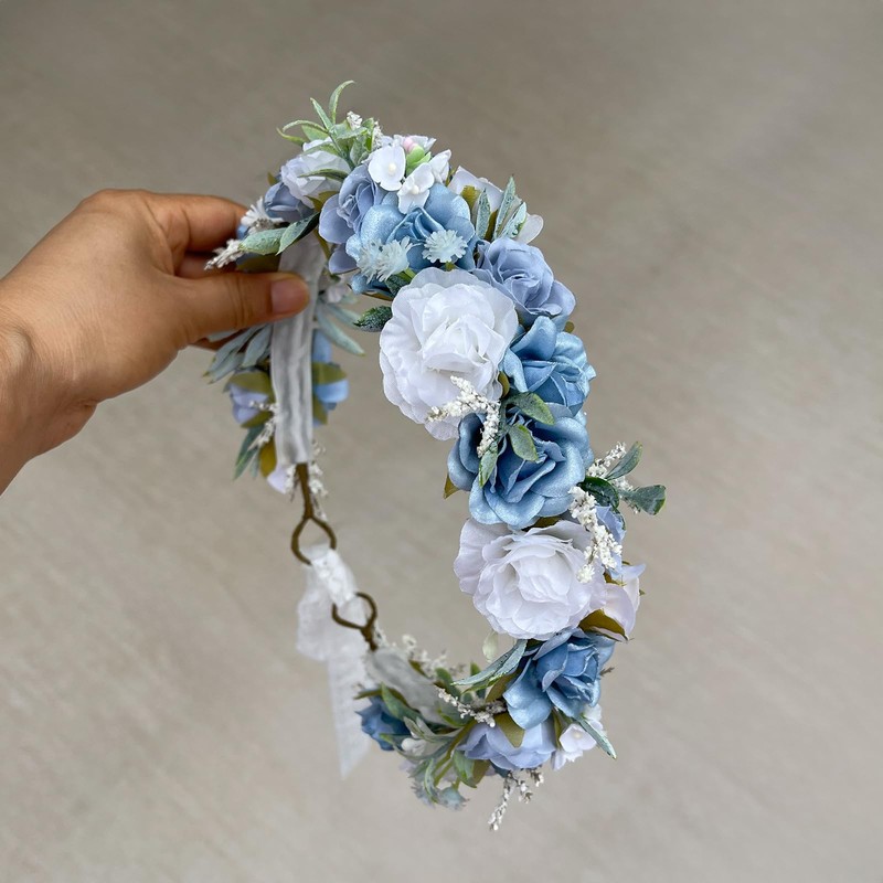 PoshMyra Dusty Blue Flower Crown for Women Bride Birthday Gift
